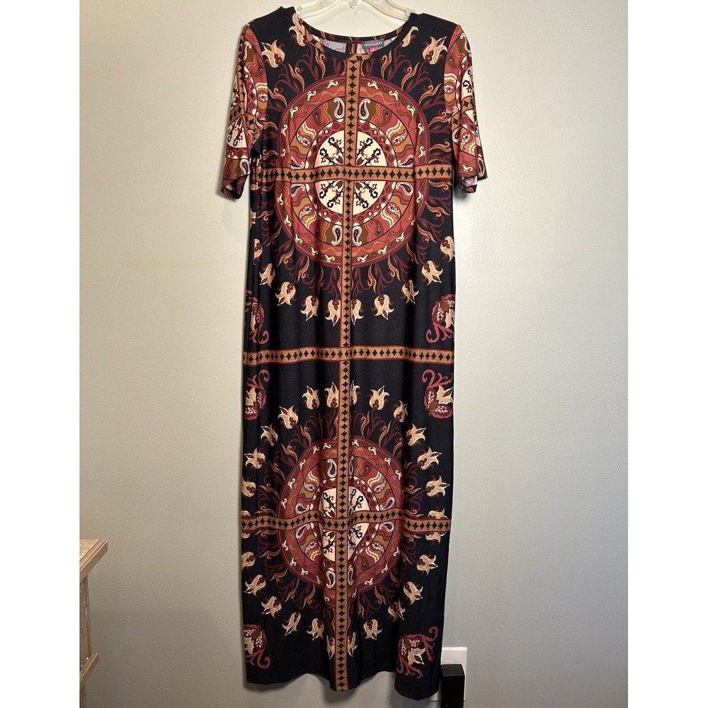 Vince Camuto Women's M Long Shift Dress Short Sleeve Round Neck Paisley Black